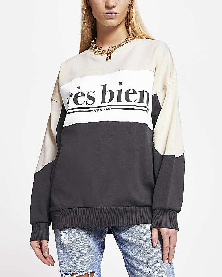Cream 'Tres Bien' colour block sweatshirt