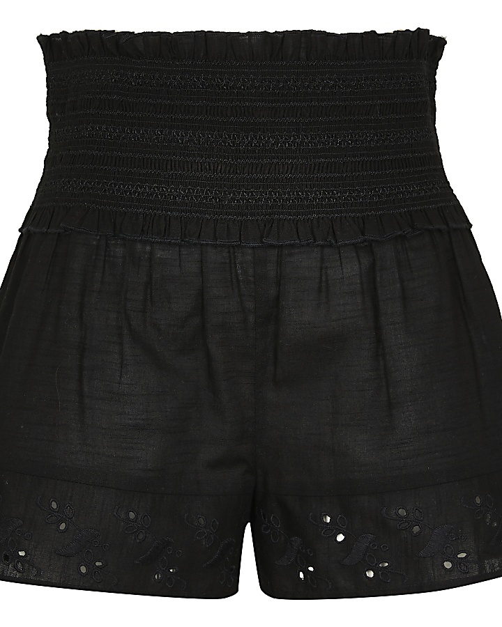 Black embroidered shirred beach shorts