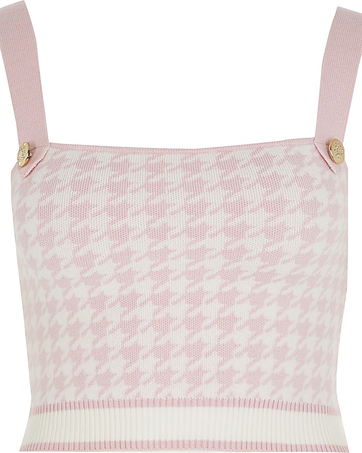 Pink dogtooth knit crop cami top