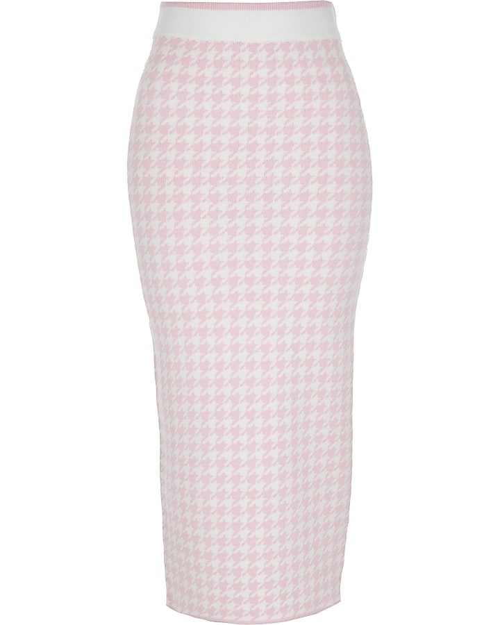 Pink dogtooth knitted midi skirt