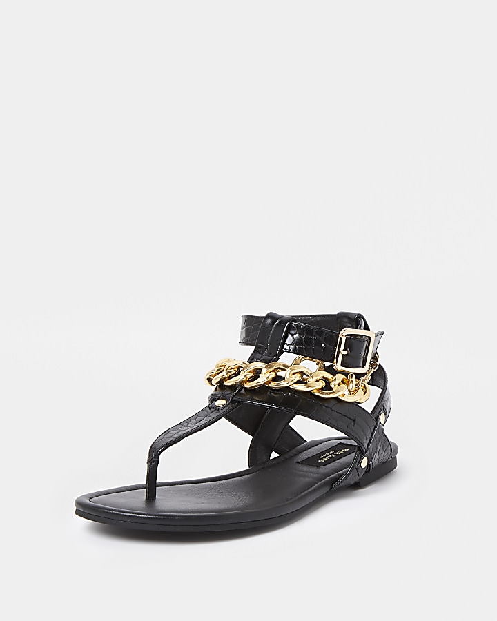 Black wide fit gold chain gladiator sandals