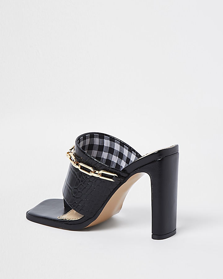 Black wide fit chain detail heeled mules
