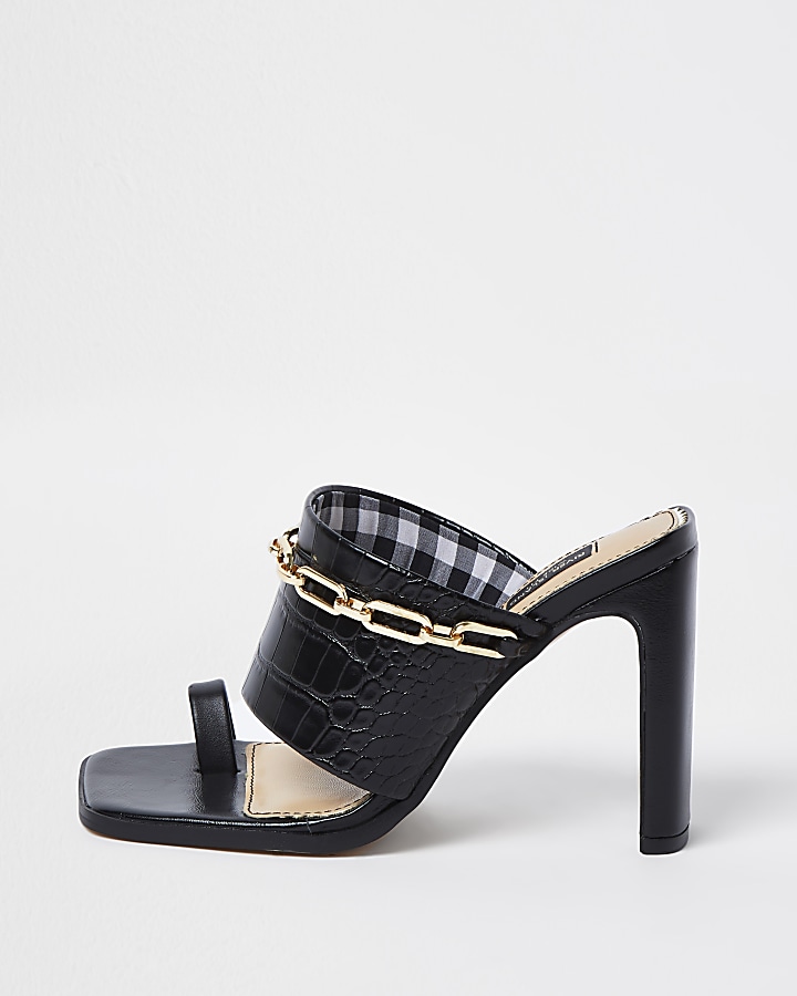 Black wide fit chain detail heeled mules