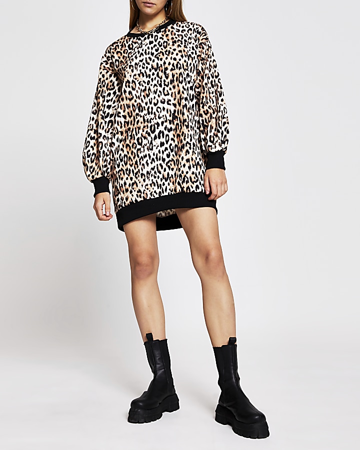Brown long sleeve leopard print jumper dress