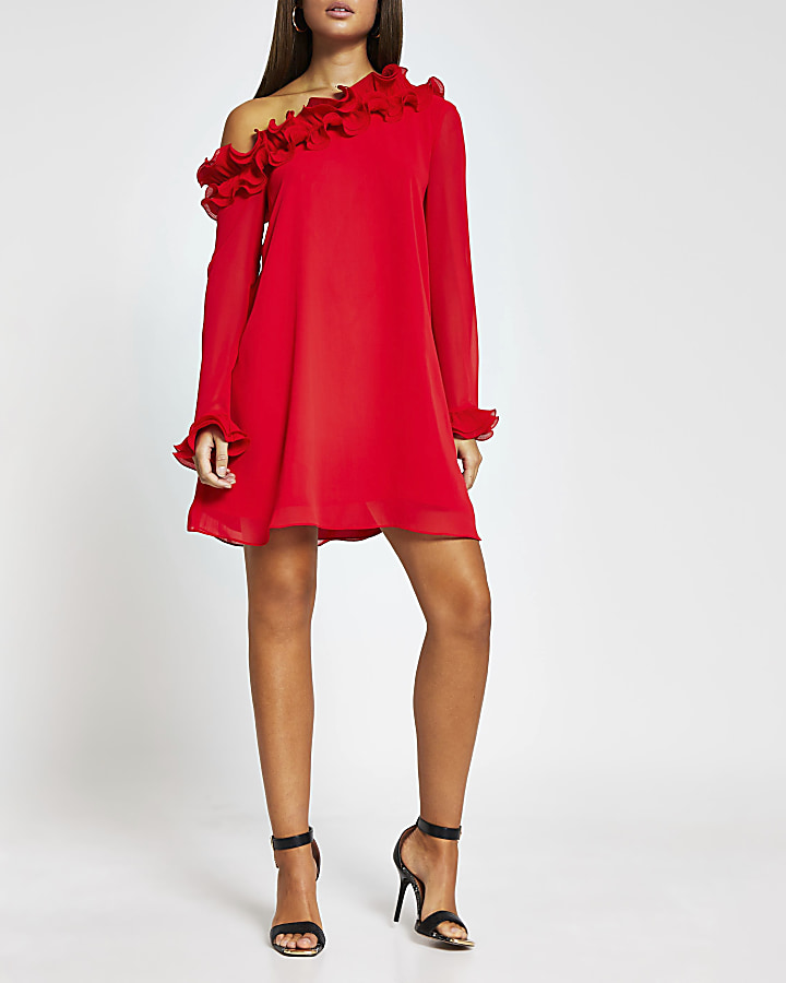 Red long sleeve frill trim one shoulder dress
