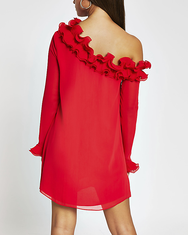 Red long sleeve frill trim one shoulder dress