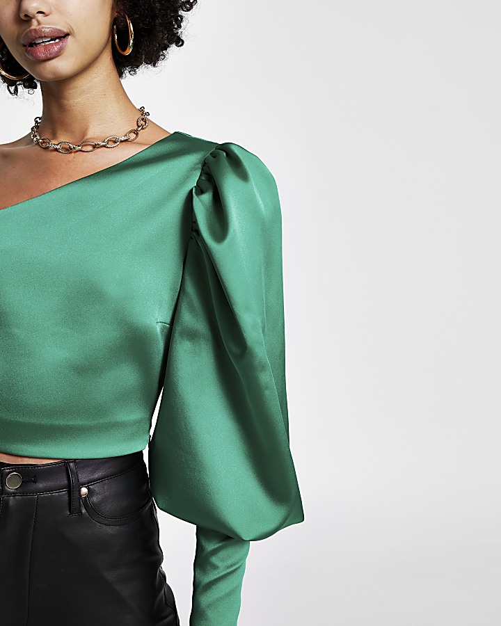 Green puff sleeve one shoulder top