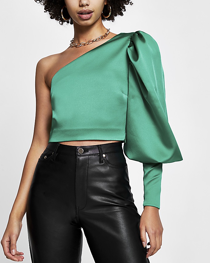 Green puff sleeve one shoulder top