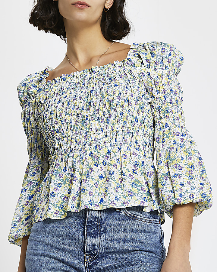 Cream floral shirred puff sleeve blouse top