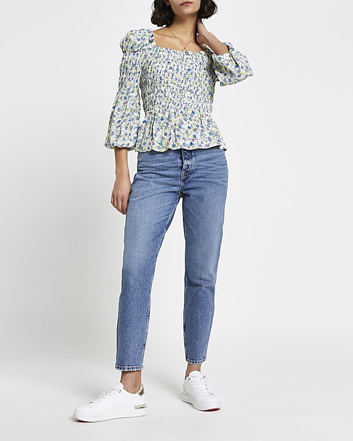 Cream floral shirred puff sleeve blouse top