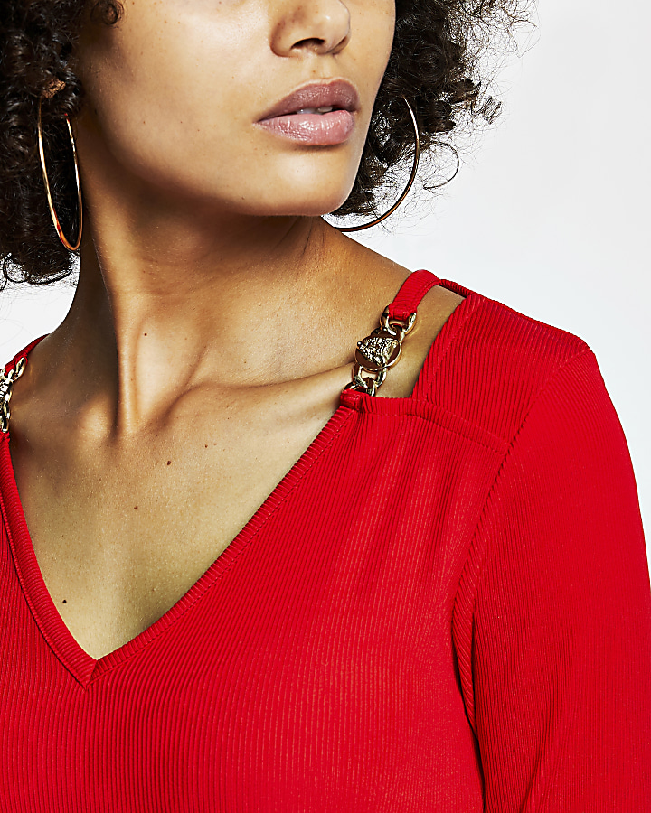 Red gold chain shoulder detail v neck top