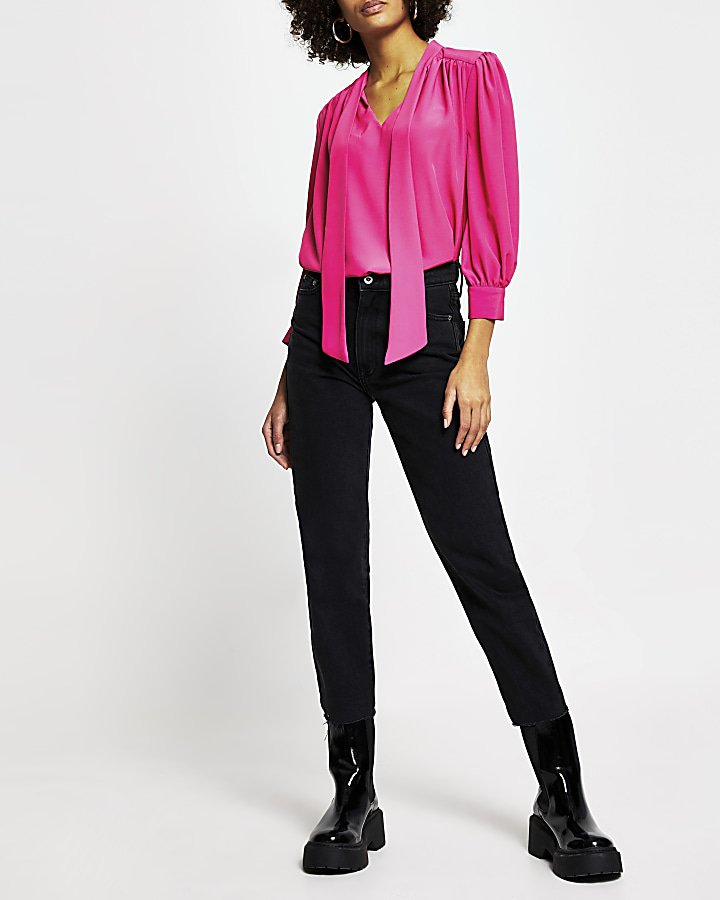 Pink long sleeve tie neck blouse top