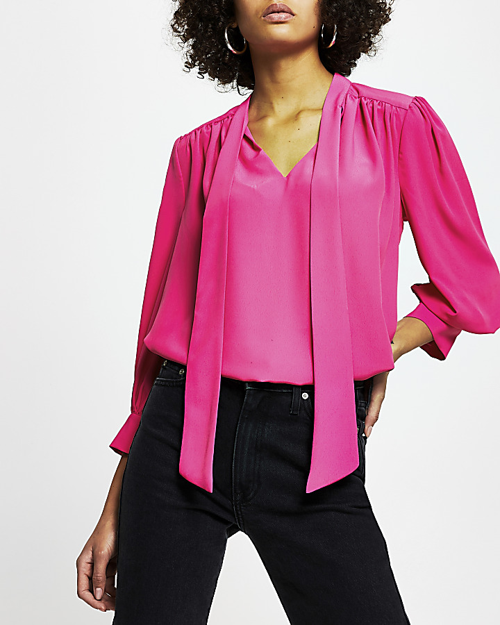 Pink long sleeve tie neck blouse top