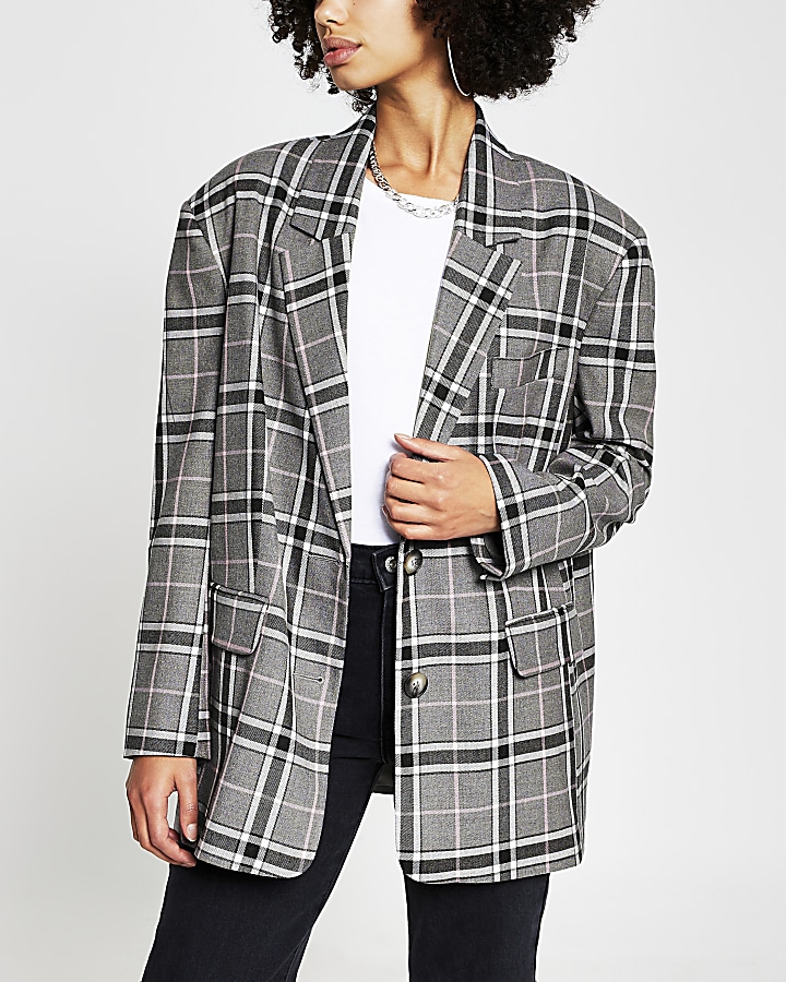 Grey check print oversized long sleeve blazer