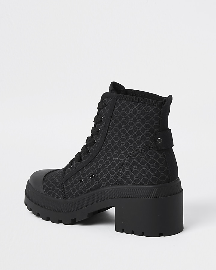 Black RI monogram lace up boots