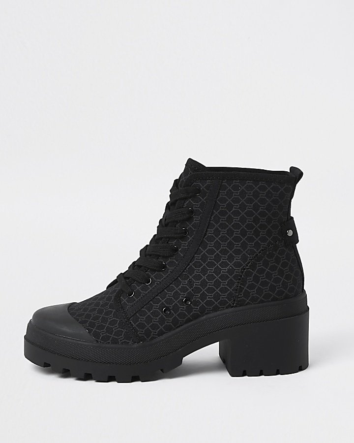 Black RI monogram lace up boots