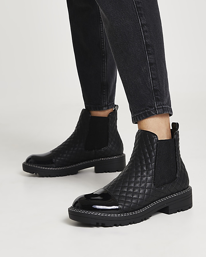 Black faux leather quilted chelsea boots