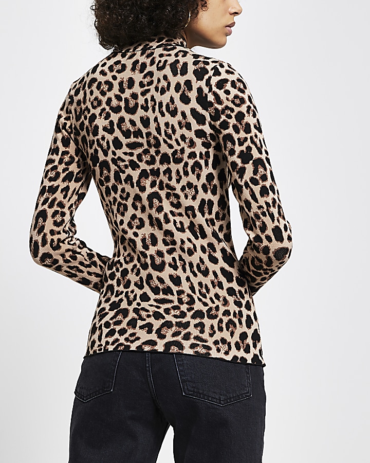 Brown leopard print fitted high neck top