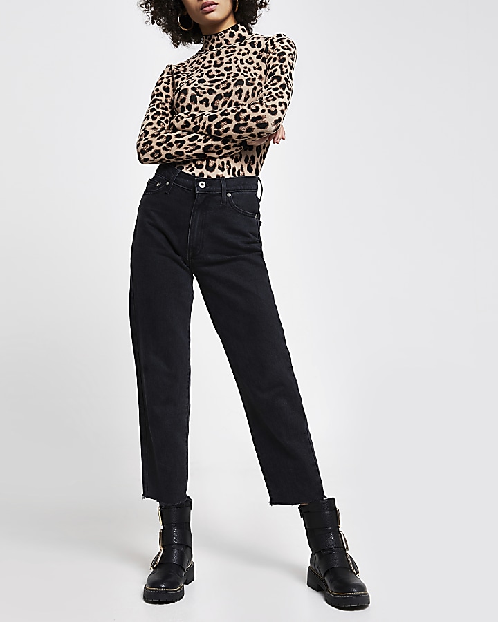 Brown leopard print fitted high neck top