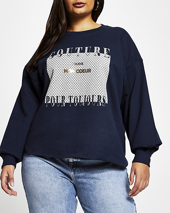 Plus navy long sleeve 'Couture' sweatshirt