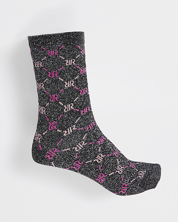 Black RI monogram print lurex sock