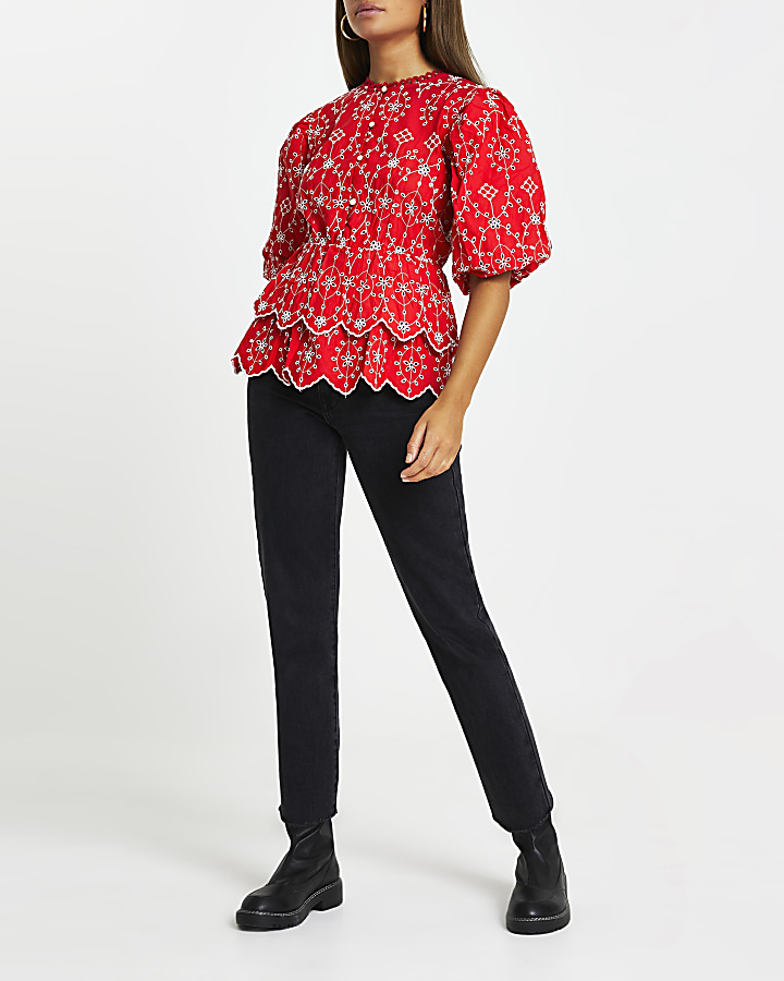 Red broderie trim detail blouse top