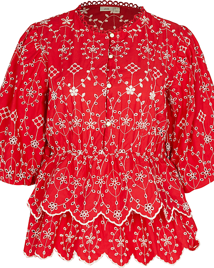 Red broderie trim detail blouse top