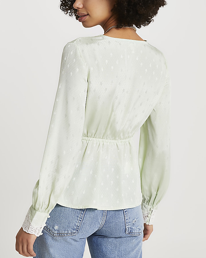 Green floral long sleeve tea blouse top