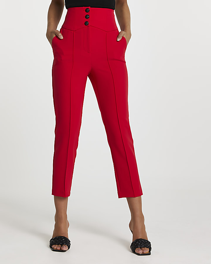 Red corset waist cigarette trousers