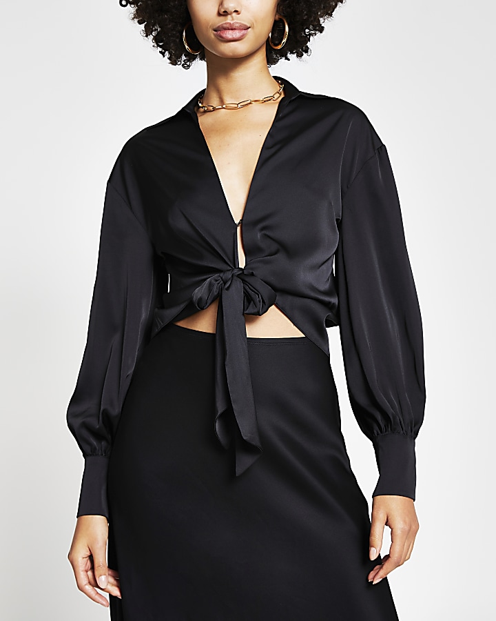 Black tie front long sleeve shirt