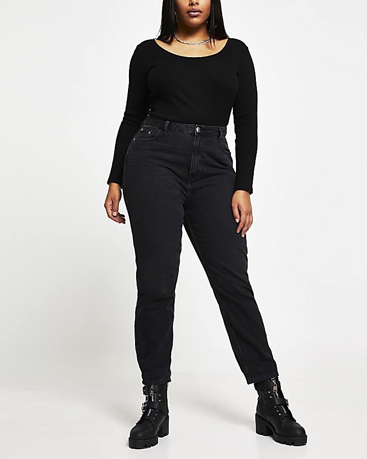 Plus Washed Black High Waisted Mom Jean