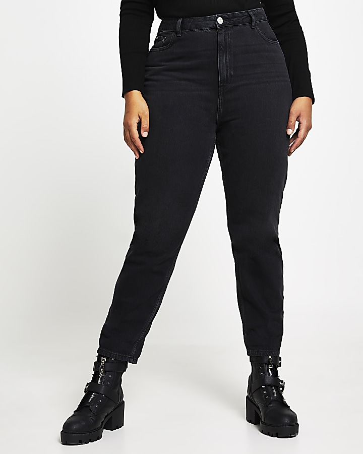 Plus Washed Black High Waisted Mom Jean