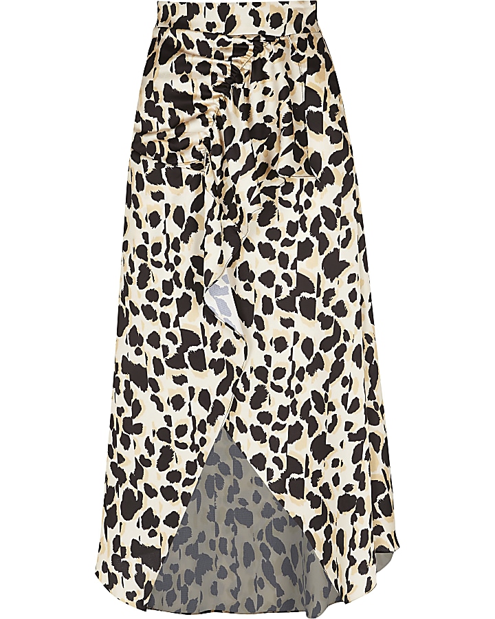 Brown leopard print midi wrap skirt