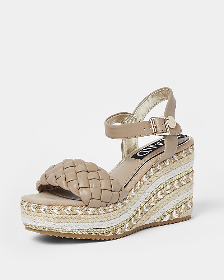 Beige weave faux leather wedge shoes