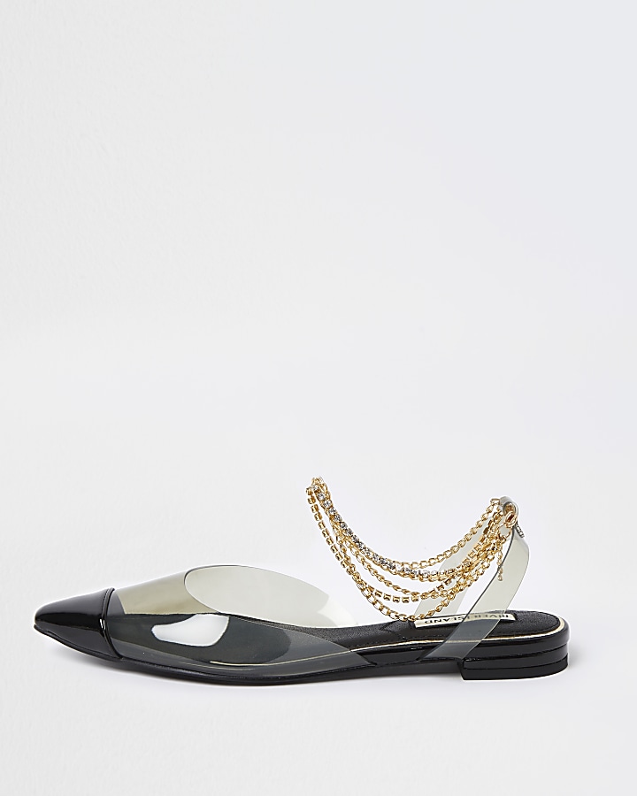 Black perspex gold ankle chain sandal