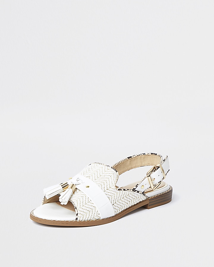 Cream weave peep toe sandals