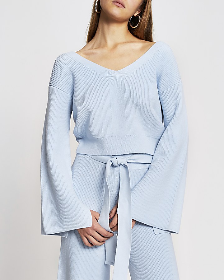 Blue knitted bow back loungewear top