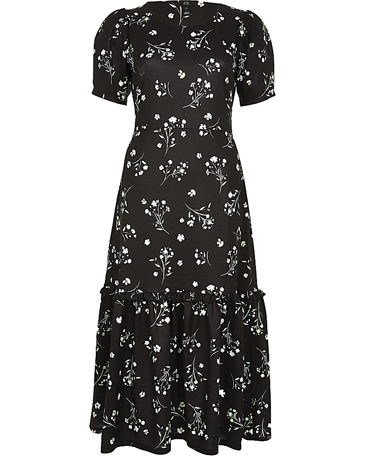 Black floral puff sleeve midi dress