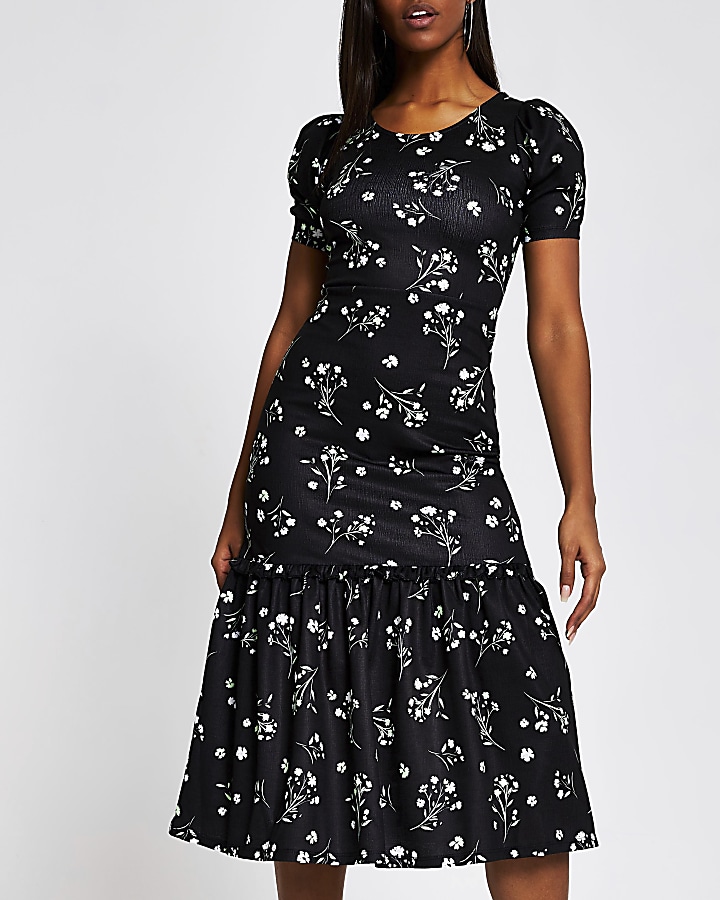 Black floral puff sleeve midi dress