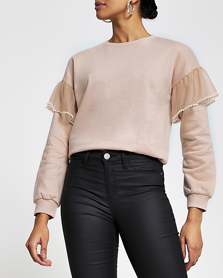 Pink pearl sleeve detail sweatshirt