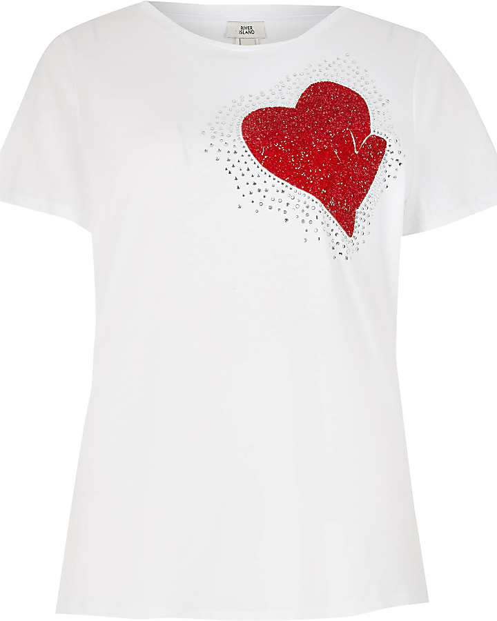 White short sleeve embellished heart t-shirt