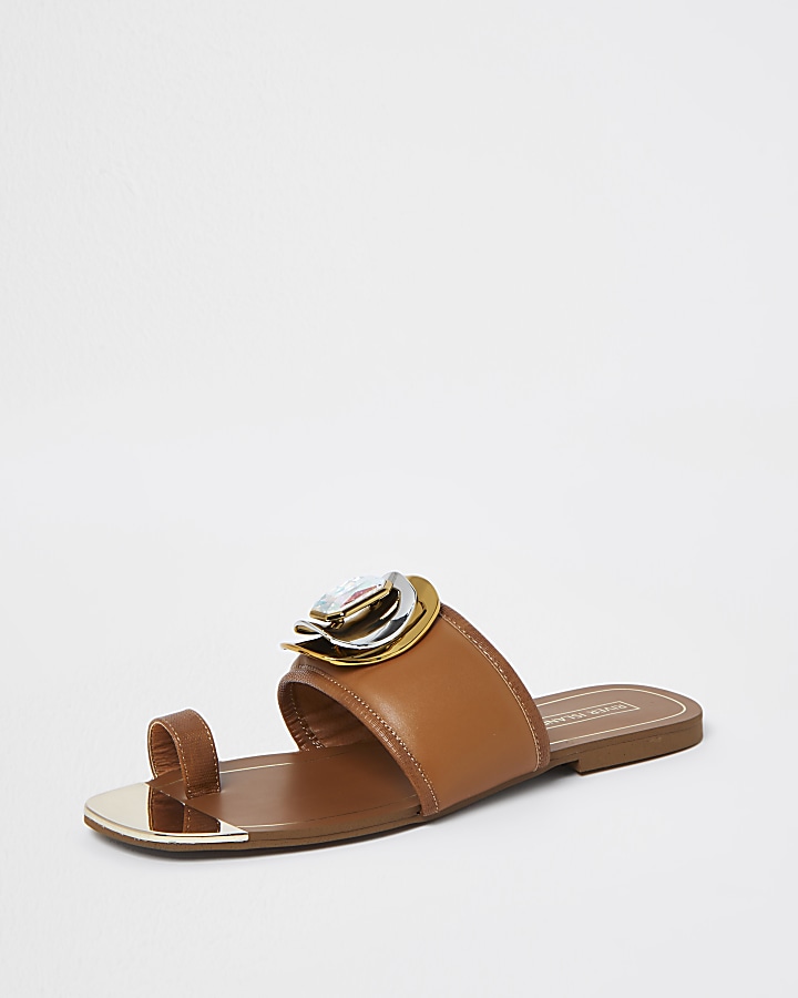 Brown embellished open toe sandals