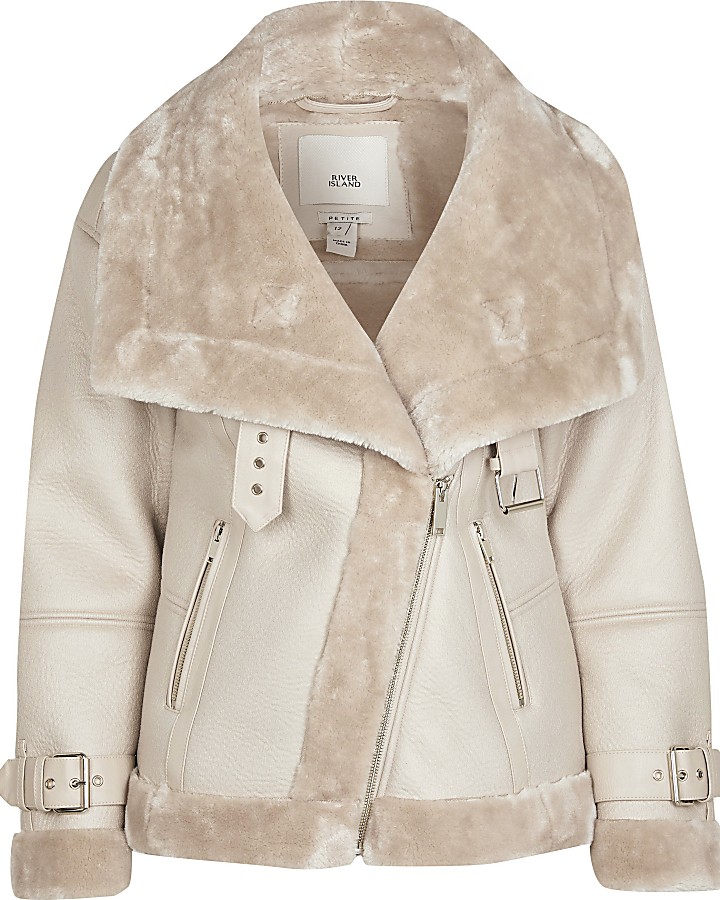 Petite cream shearling oversized aviator coat