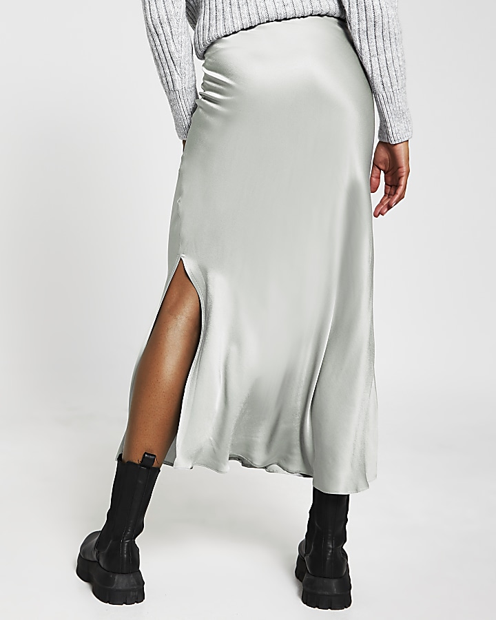 Silver satin split side maxi skirt