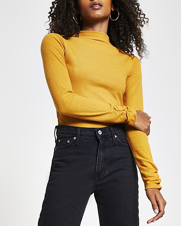 Yellow long sleeve high neck ribbed top