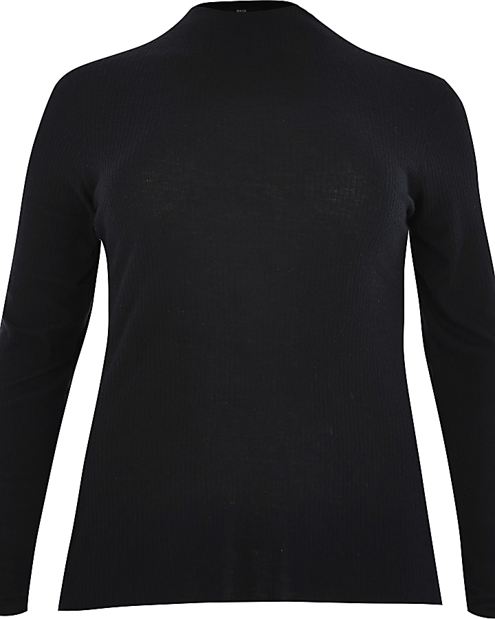 Plus black long sleeve high neck ribbed top