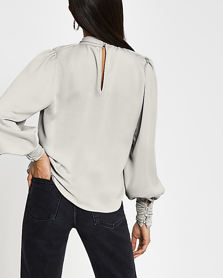 Silver long sleeve ruched shoulder top