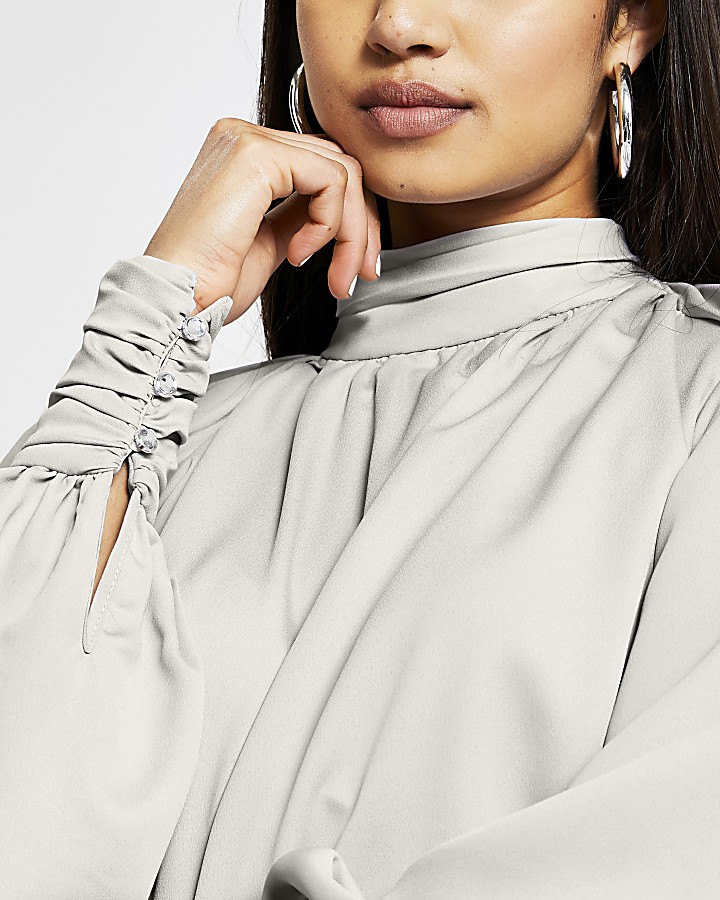 Silver long sleeve ruched shoulder top