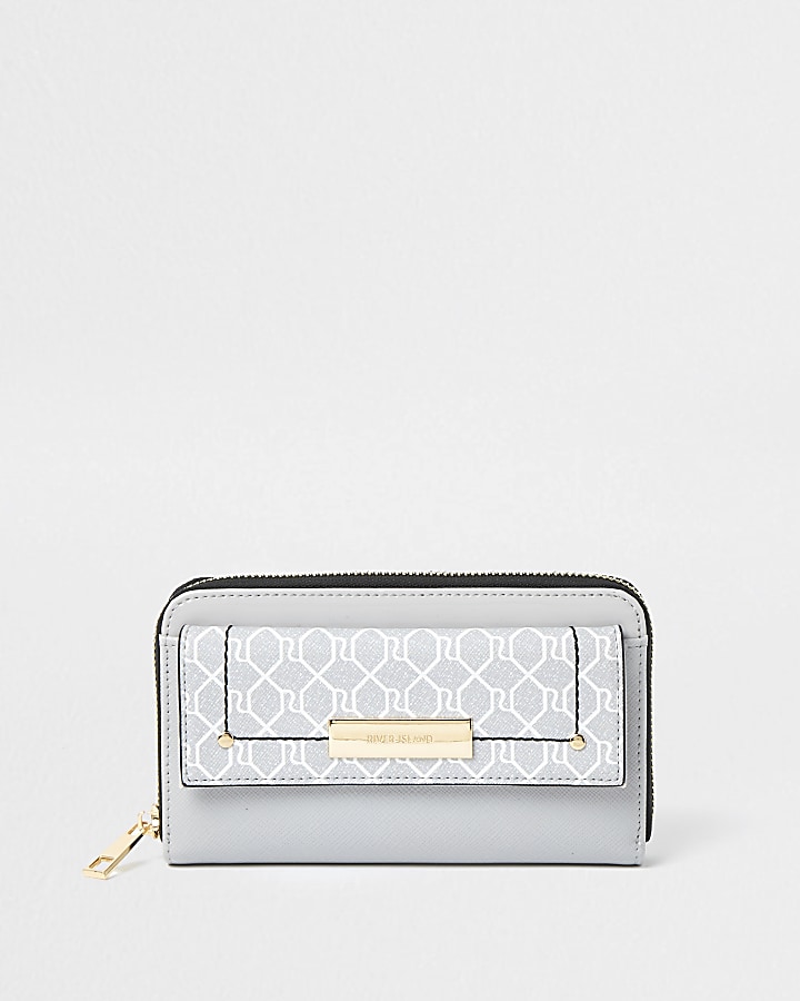 Grey RI monogram front flap ziparound purse