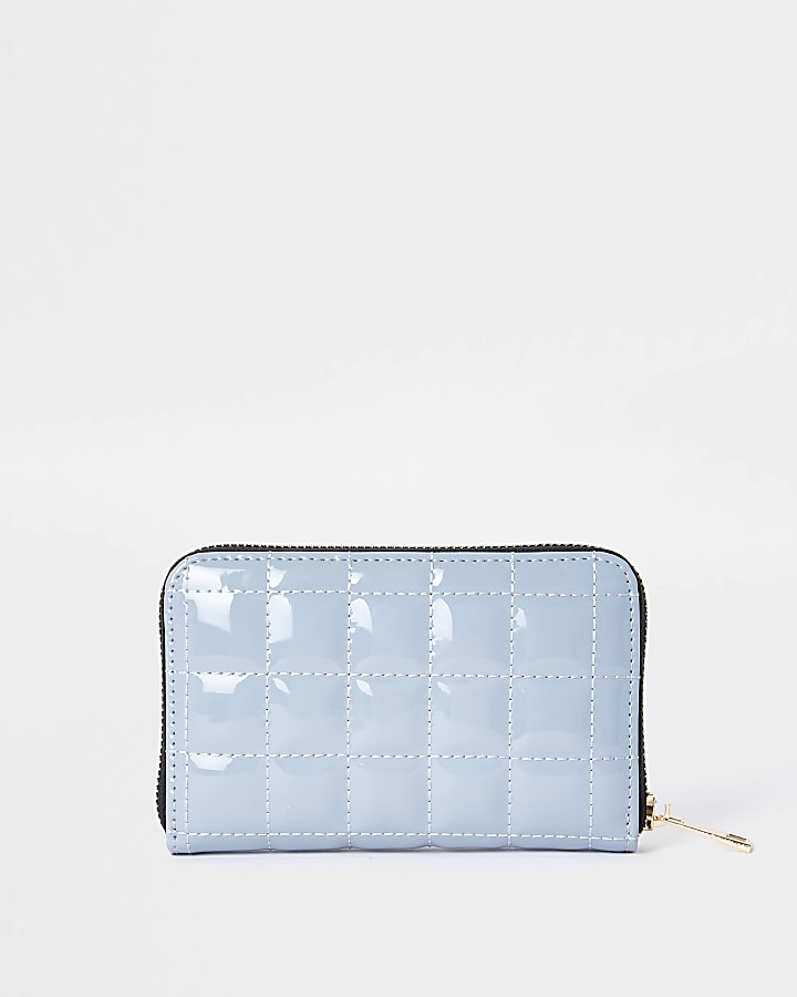 Blue patent quilted ziparound purse